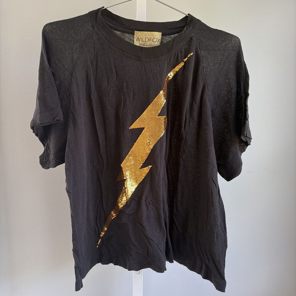 Wildfox black T-shirt featuring a large gold sequined lightning bolt graphic Sm